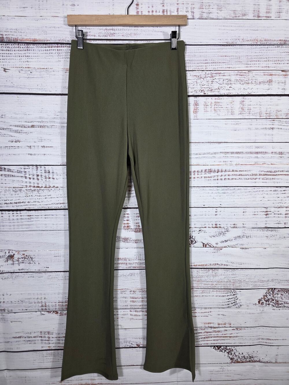 Zara Olive Green High-Rise Ribbed Flare Kick Flare Pants Women's size Large